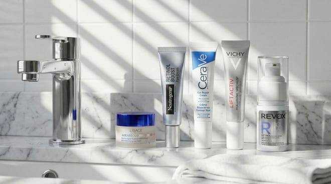 Cremes pour les yeux destinées au soin des paupieres tombantes, posées sur un plan de toilette en marbre