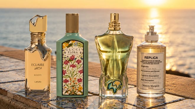 Quatre parfums d'été sur la digue au bord de la mer au coucher du soleil
